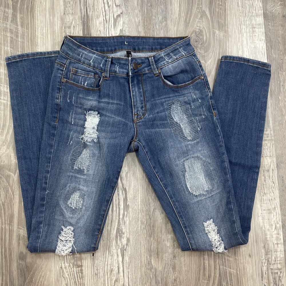 Nine Planet 3 Skinny Jeans Stretch Patchwork Distressed Ripped Blue Denim